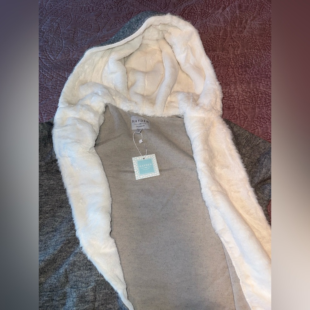 Hayden Gray Cardigan with White Furry Trim & Hood - Picture 13 of 14